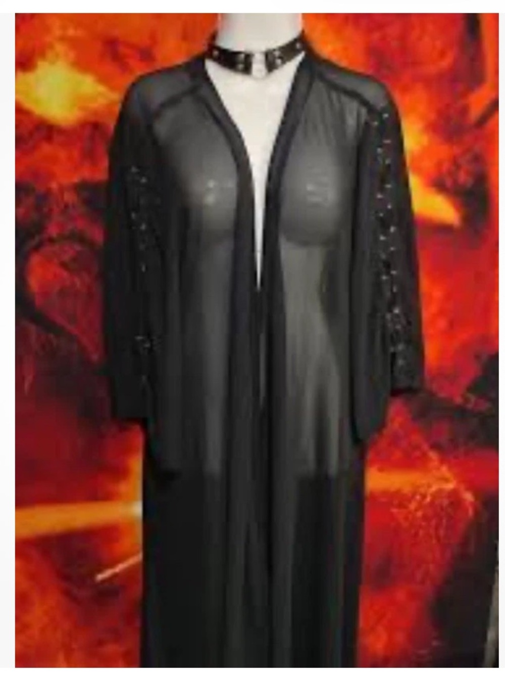 Black Sheer Duster Kimono Lace Up Trim Long Duster Open Front boho Witchy Fairy